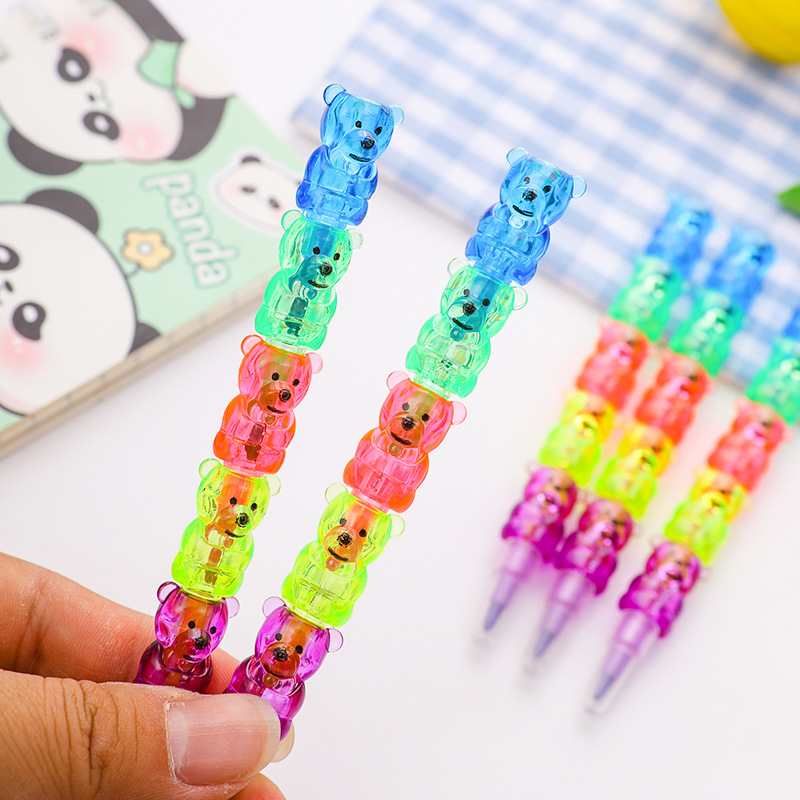 Cartoon Bear 5-Section Building Blocks 5-Color Crayon Pen Plastic Bullet Office Creative Removable Crayon Five-Color Pen