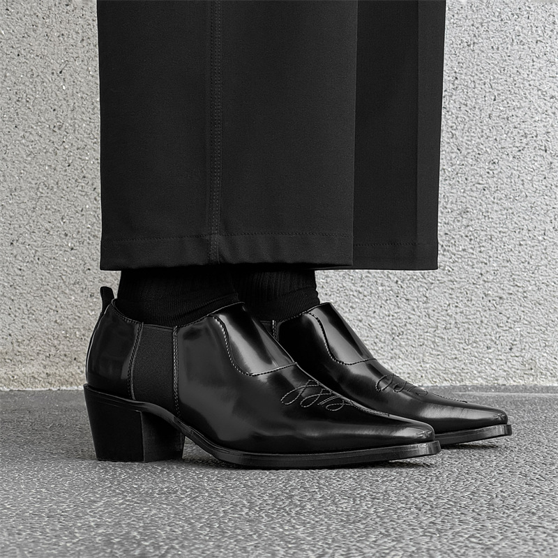 Loafers New Black Small Leather Shoes Slip-on High Heel French Skinny Boots Chelsea Boots 14848-J