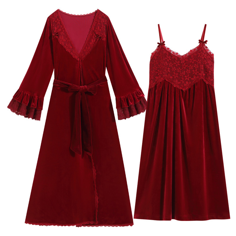 Long-Sleeved Nightgown for Women, Gold Velvet Nightgown, Bridal Dressing Gown, French Warm Pajamas, Can Be Worn Outside, Home Clothes Suit, Autumn and Winter