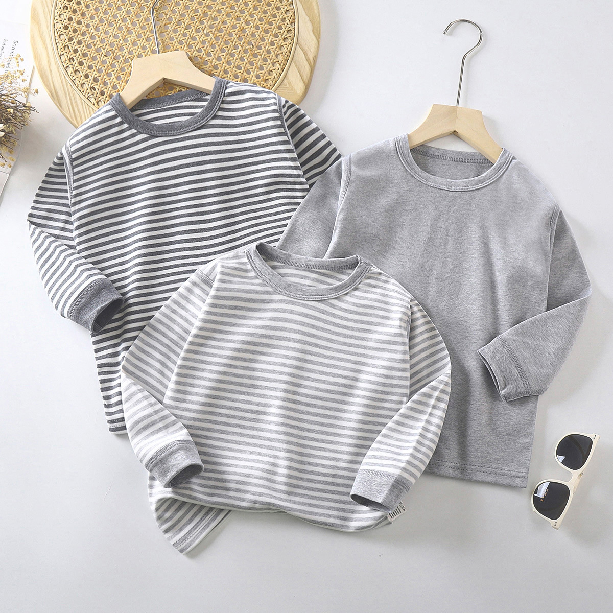 Детская хлопковая осенняя одежда без косточек, верхняя часть, домашняя одежда, пижамы, осенние и зимние полосатые для детей среднего и большого размера