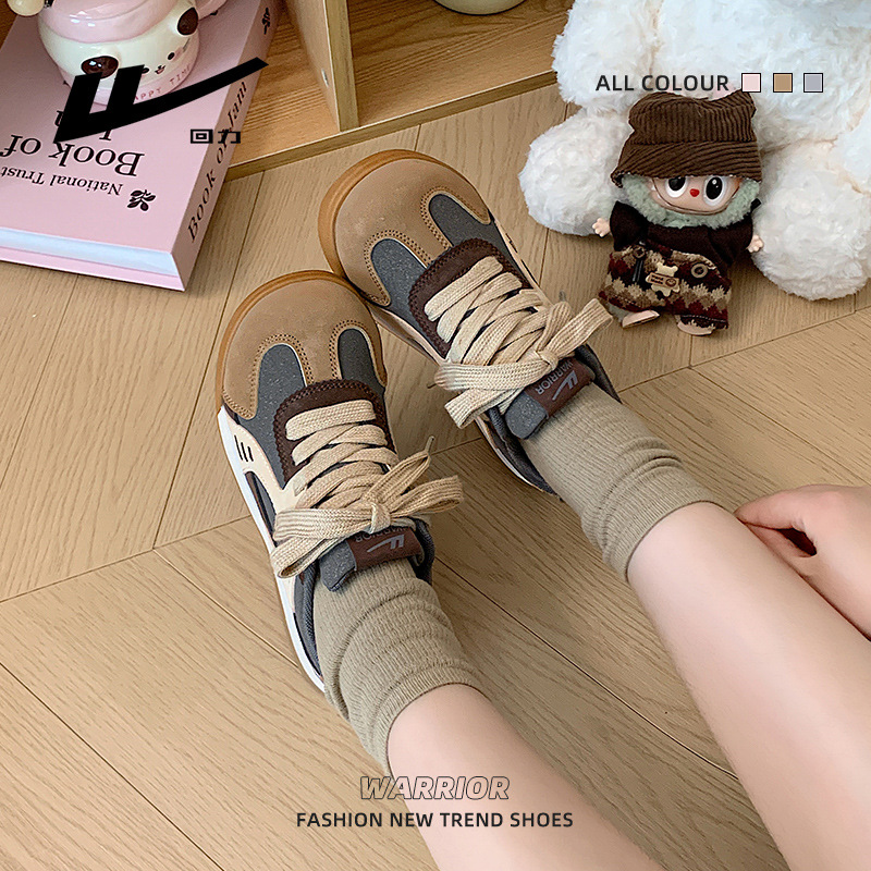 Pull-Back High-Looking Color-Blocked Autum Women's Shoes Maillard Low-Top Lightweight Outdoor Training Shoes Travel Preppy Style Shoes