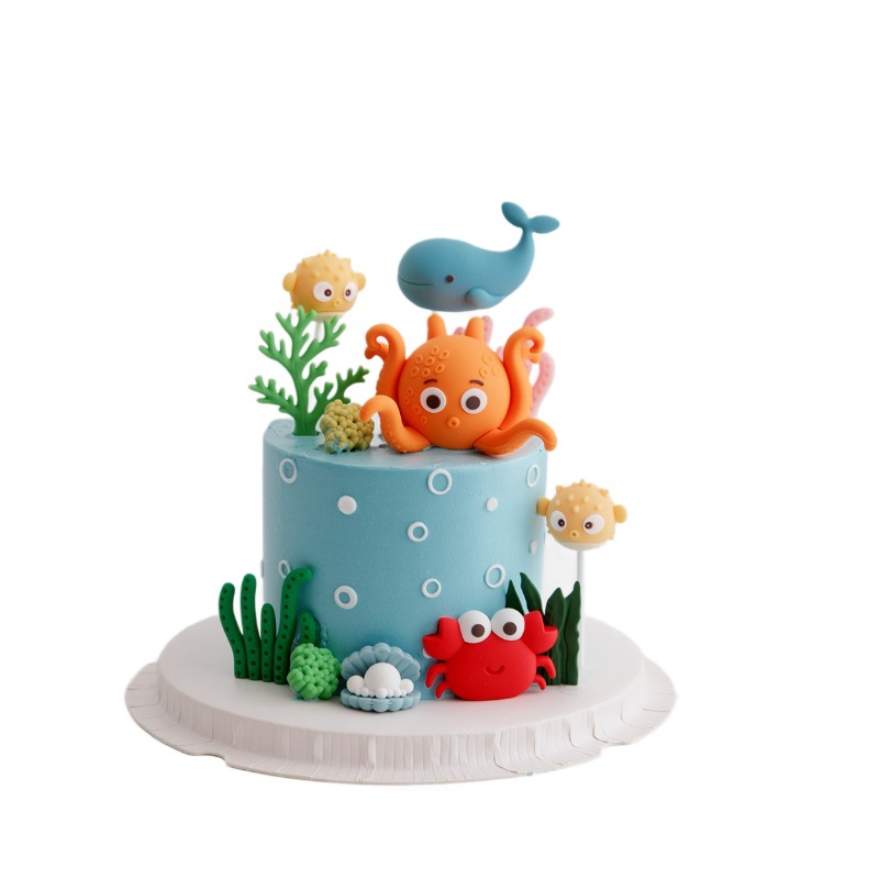Ocean Cake Decoration, Ocean World Theme Decoration, Octopus, Porcupine, Shark, Whale, Seaweed, Crab, Shan