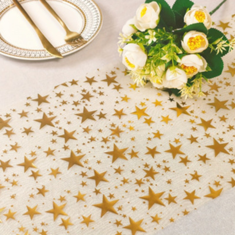 Cross-Border Exclusive Hot-Selling Gold-Plated Silver Star Mesh Table Runner Suitable for Home Birthday Christmas Dinner Decoration Accessible Luxury