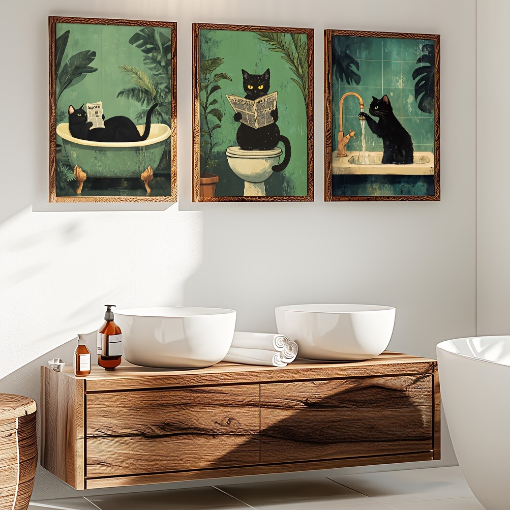 Retro Green Tropical Plant Black Cat Bathroom Toilet Toilet Decoration Frameless Hanging Painting Poster