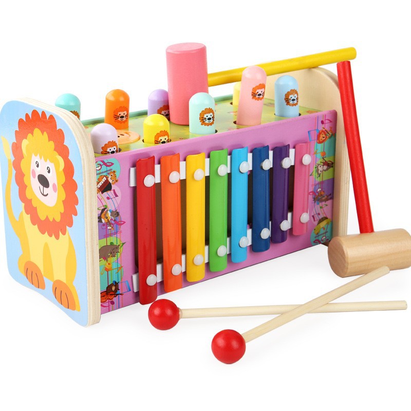 Wooden Whack-A-Mole Percussion Instrument with Eight-Tone Xylophone, Ball-Pounding Platform for Boys and Girls, Early Education Educational Wooden Toy