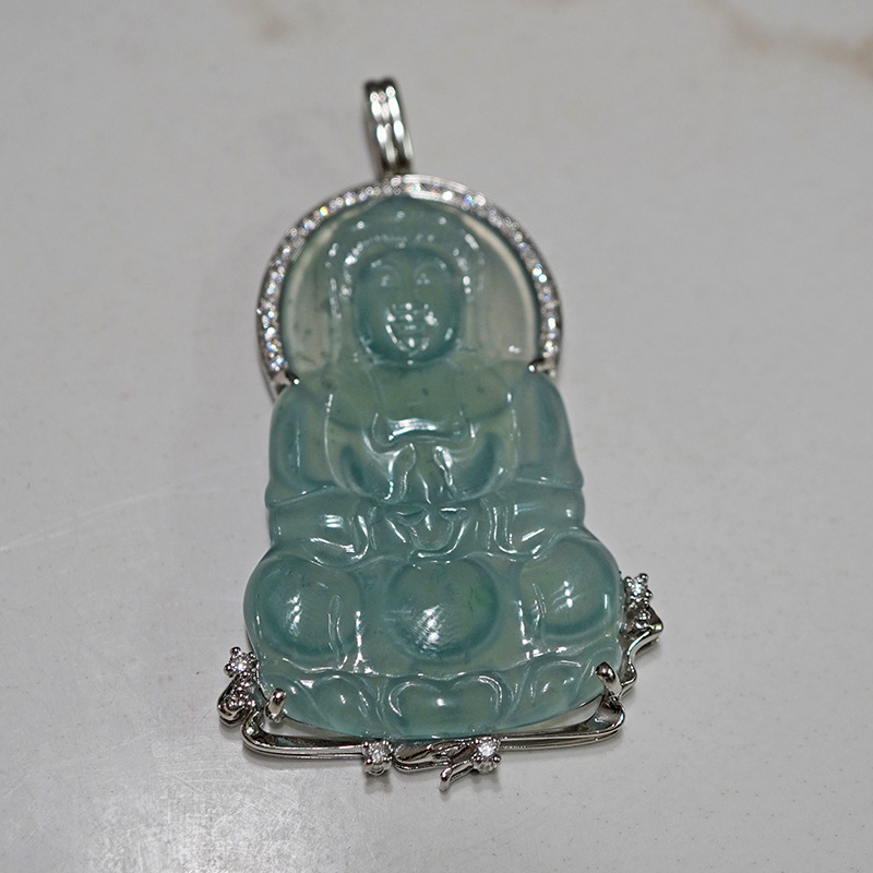 Platinum Pt950 Cultivated Diamond Jade Guanyin Inlaid Full Diamond Pendant