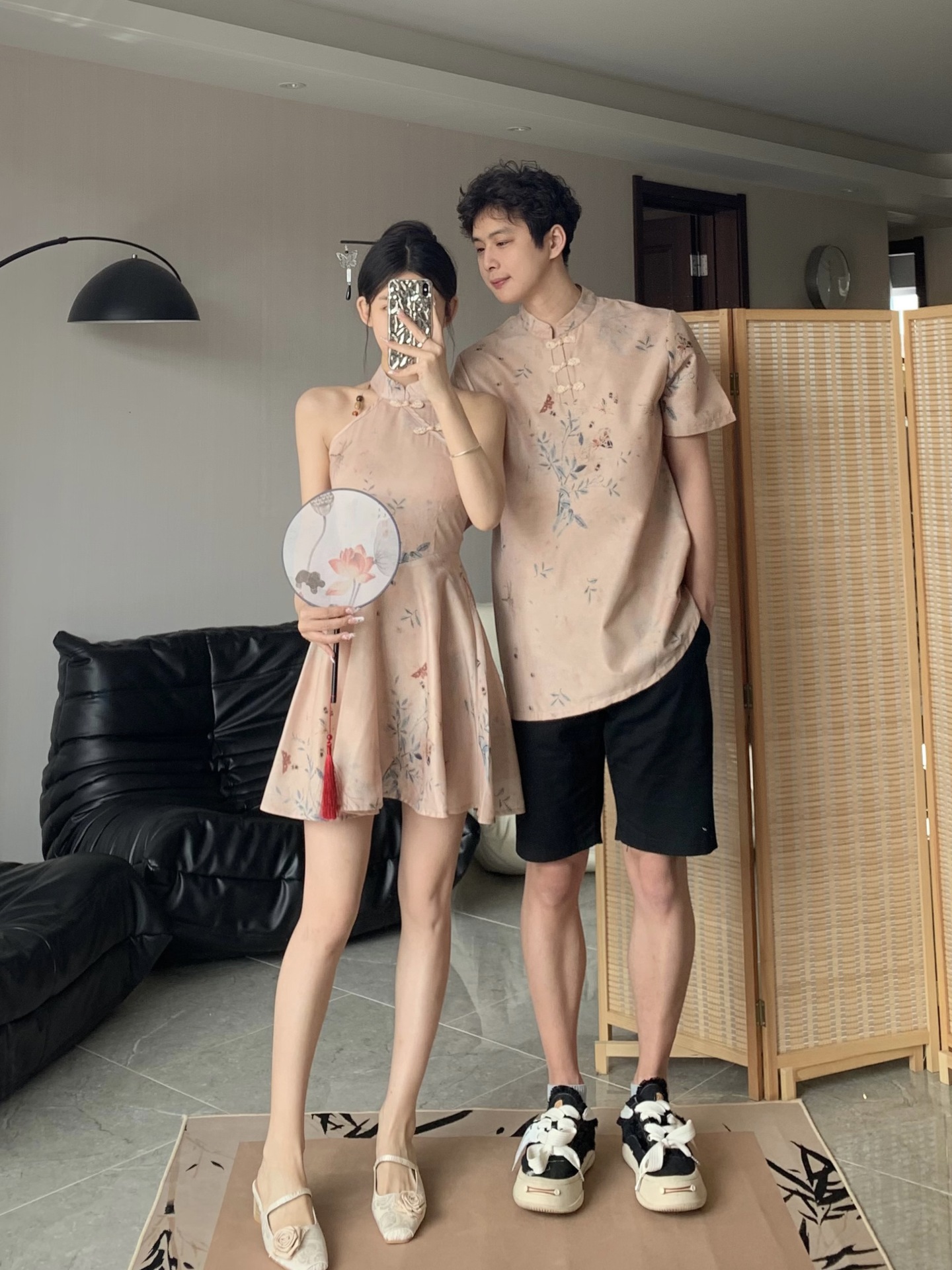 Guofeng Couple's Summer New Antique Neck Hanging Neck Improved Buckle dress Color Elegant Cyber Celebrity Short-sleeved Shirt