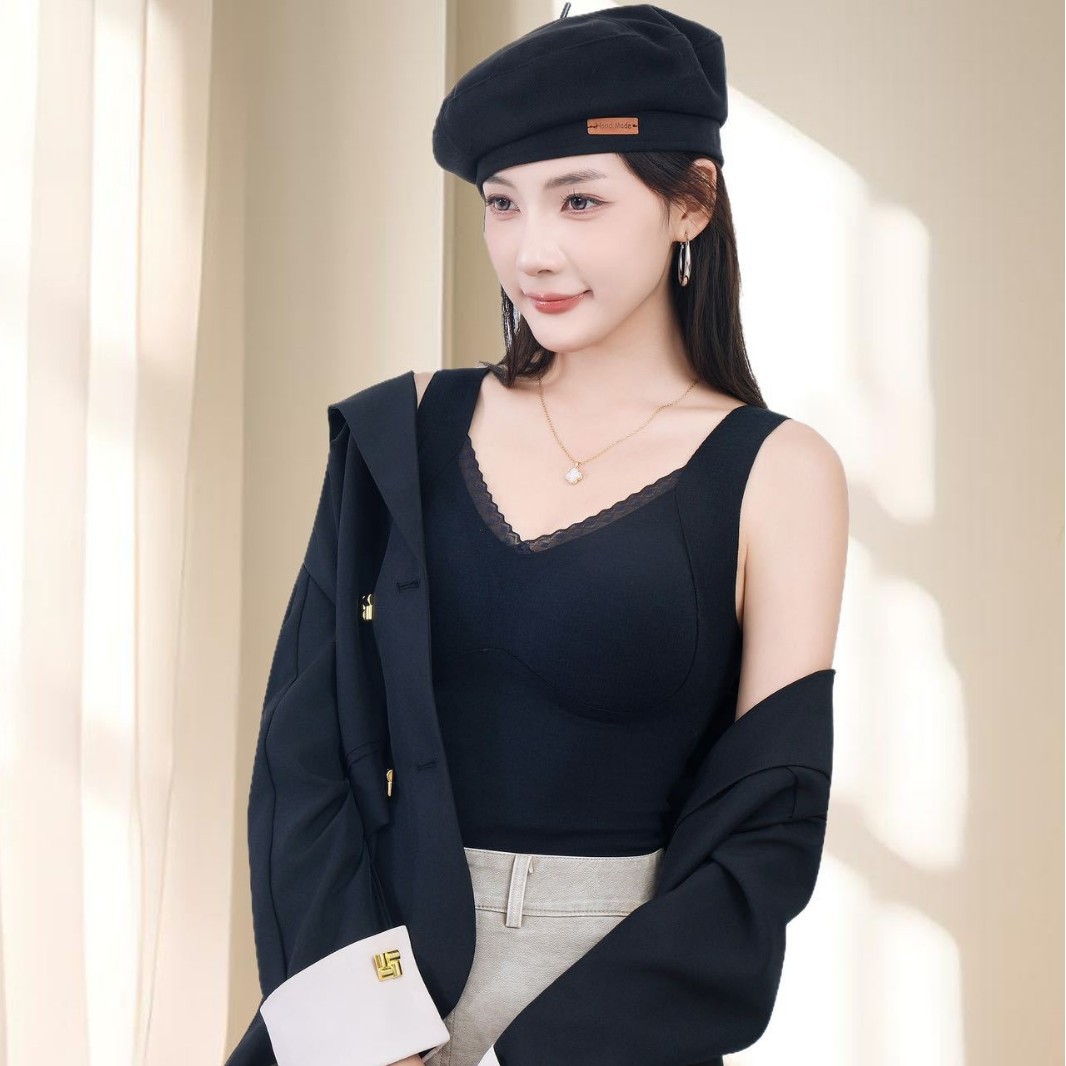 Warm Vest with Lace Edge for Women in Autumn and Winter, Slim Fit, Fixed Chest Pad, Seamless Heating Inner Layering Top Vest