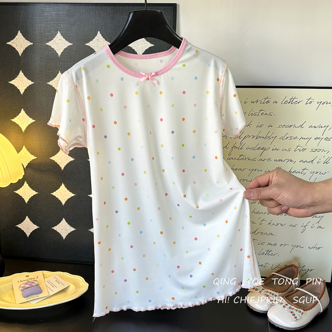 Crewneck Girl Casual Style All-in-one Dress Cartoon Home Printed Baby Nightgown Ice Silk Nightgown Women's Four-needle Six-thread