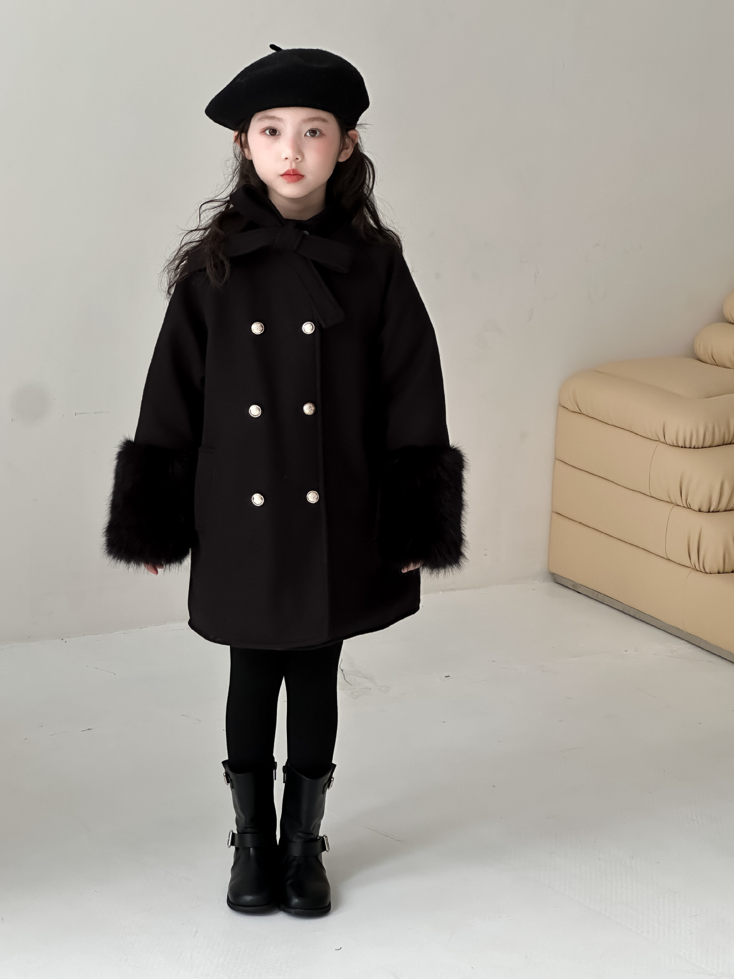 Children's Clothing 2025 Winter New Style Girls' Rich Flower Gold Buckle Bow Thousand-Golden Wool Coat Girl's Elegant Style Jacket