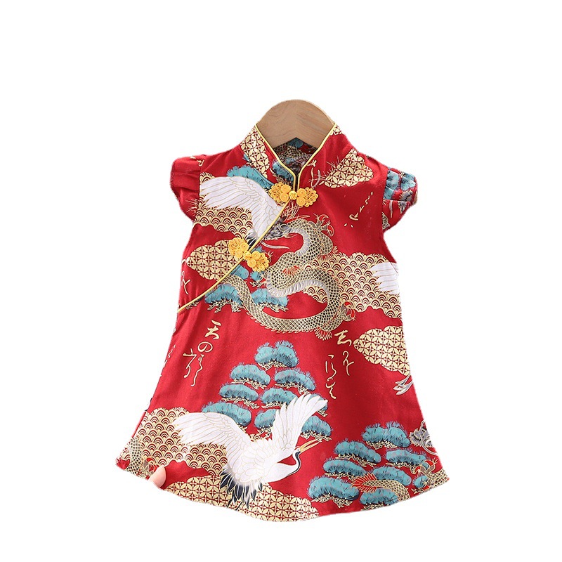Girls' Cheongsam 2024 Spring and Summer Children's Cotton and Linen Vintage Dress Baby Chinese Style Improved Hanfu Flower Dress
