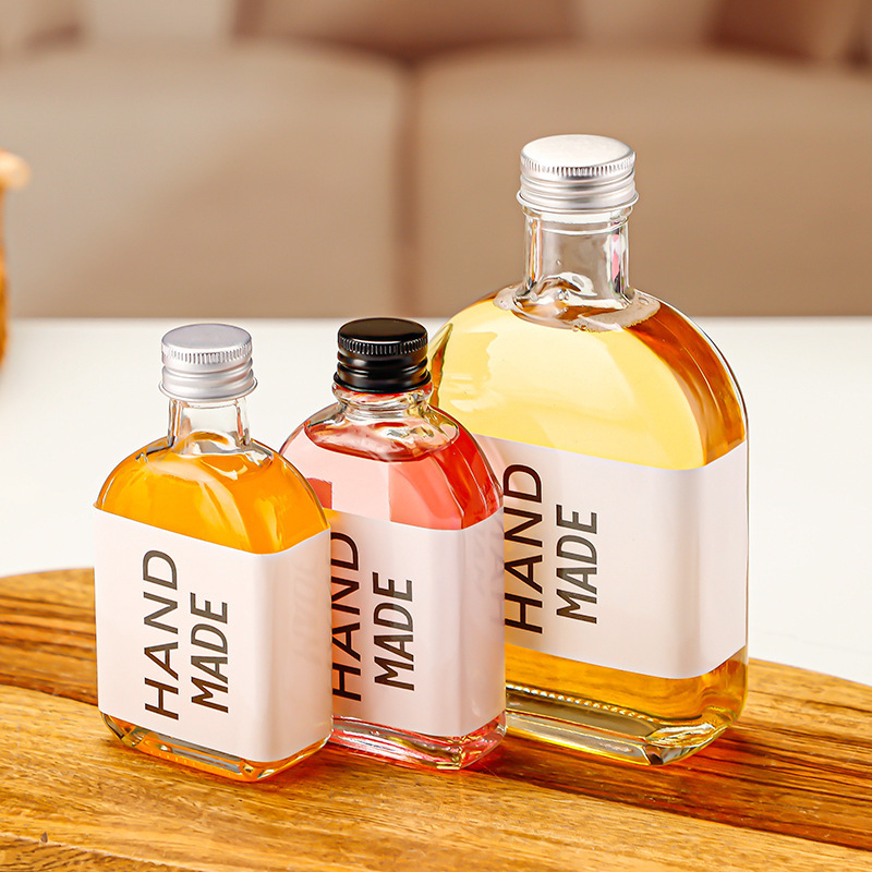 Creative Beverage Glass Bottle Cold Brew Coffee Bottle Cold Drink Milk Tea Fruit Wine Beverage Coffee Transparent Glass Flat Wine Bottle