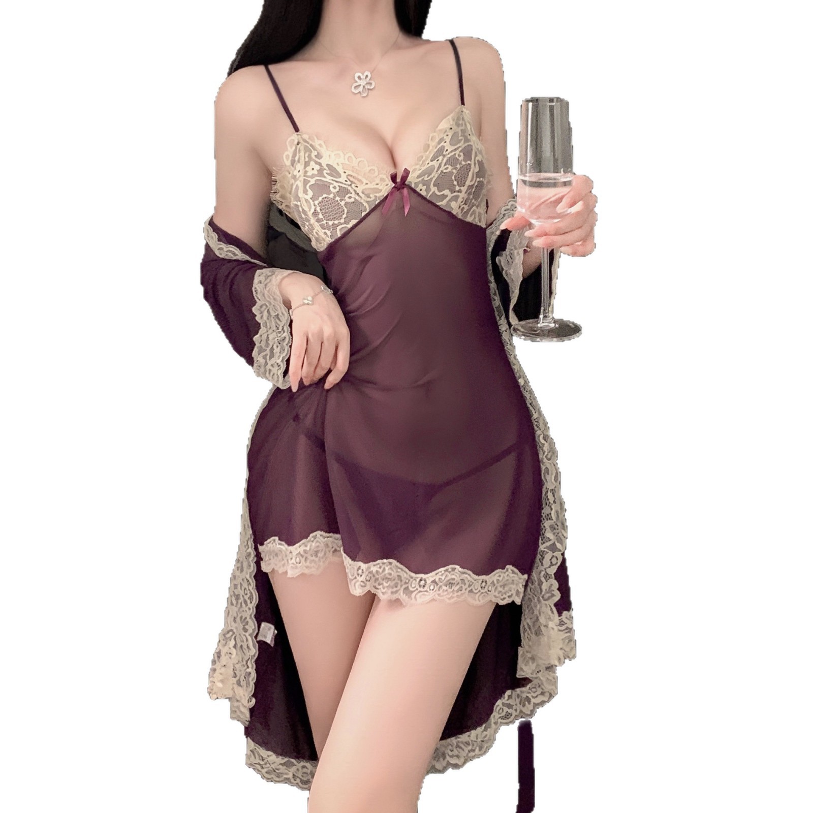 Customized *Xishi Sexy Lace Temptation Pure Desire Hot Mesh See-Through Intimates Robe Pajamas Outer Robe Set