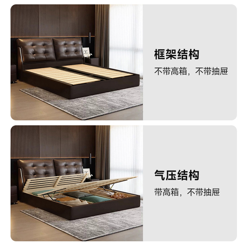 Modern Minimalist Leather Art Bed Black 1.8m with Night Light Nappa Leather Wedding Bed Soft-Packed Bed Master Bedroom Popular Storage Bed