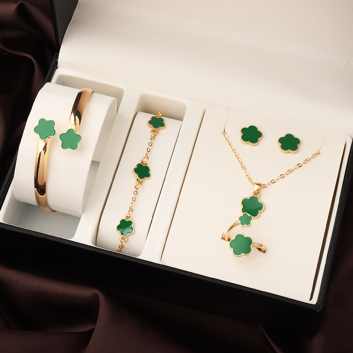Темы горячая распродажа яркий удачный комплект ювелирных изделий из цветков сливы колье браслет кольцо серьги с пятилистным клевером