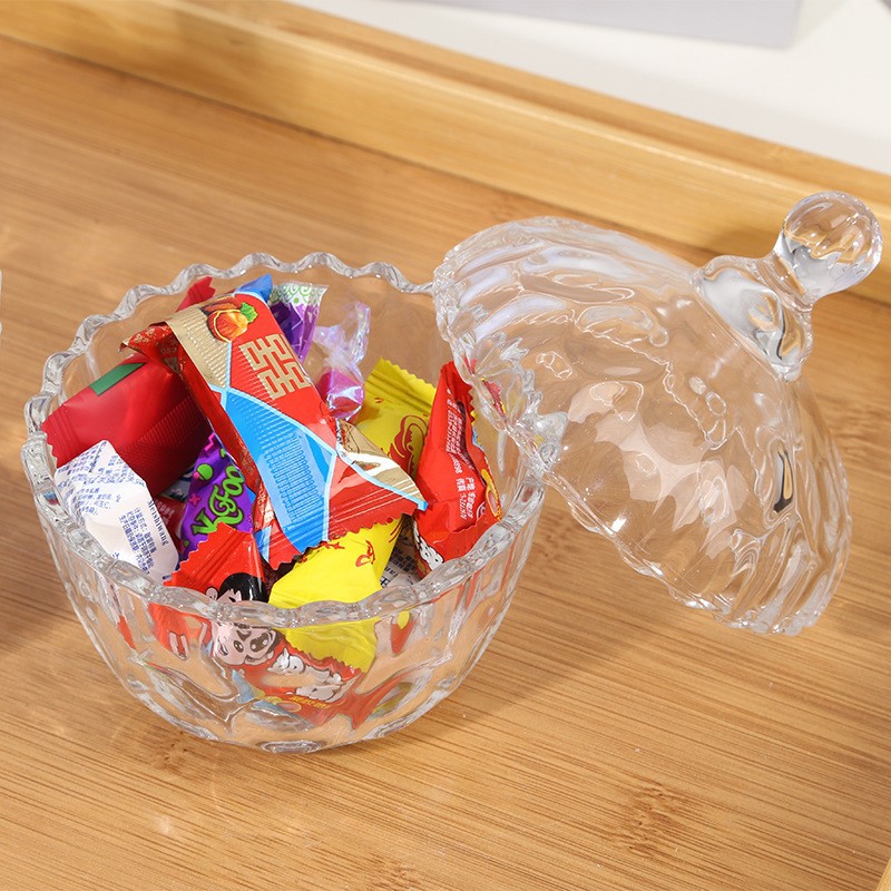 Wedding Candy Cup with Lid, Transparent Creative Embossed Glass Storage Box, Aromatherapy Candle Holder, Transparent Sugar Jar