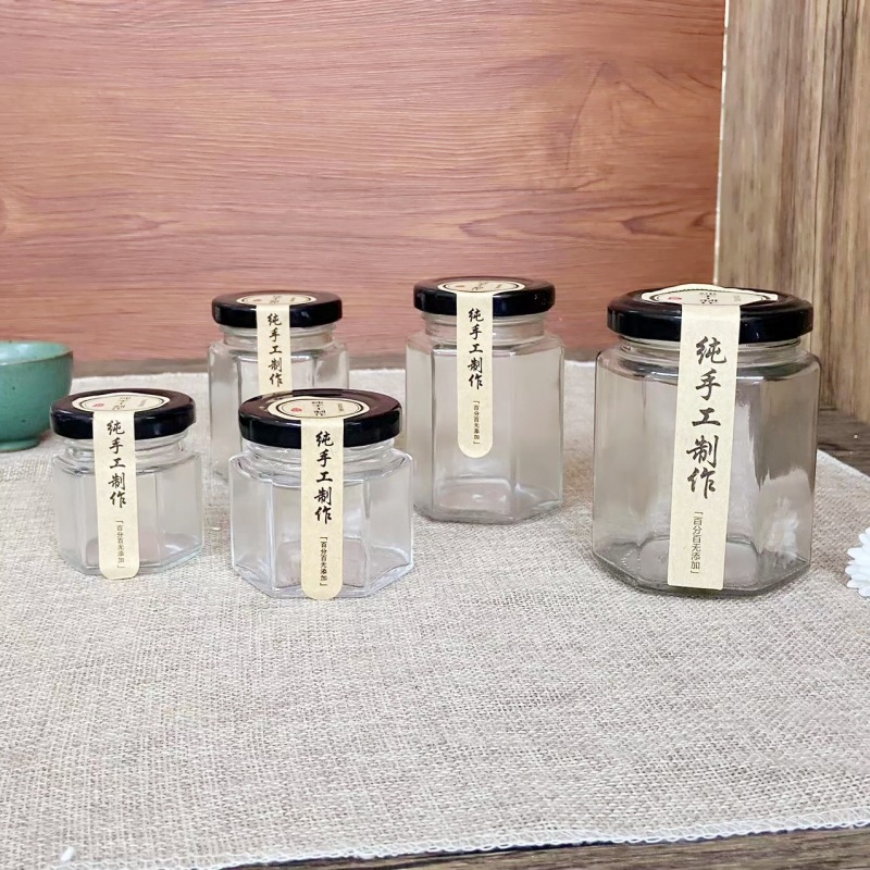 Wholesale six-edge honey glass bottle pickles beef sauce canned bottle chili sauce glass jar pickles bottle with lid