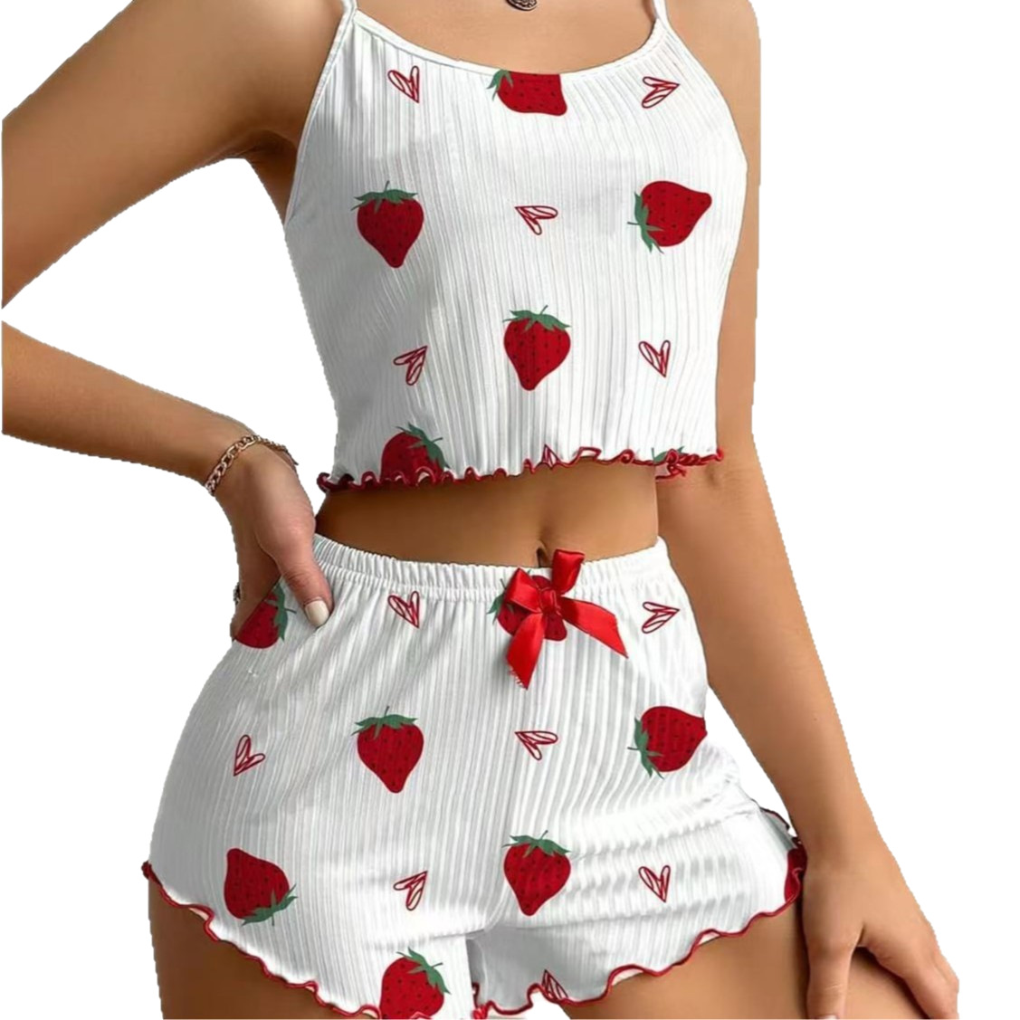 European and American Style Women's Pajamas with Heart Print, Sexy Camisole and Shorts Loungewear Two-Piece Set for Cross-Border Shipping