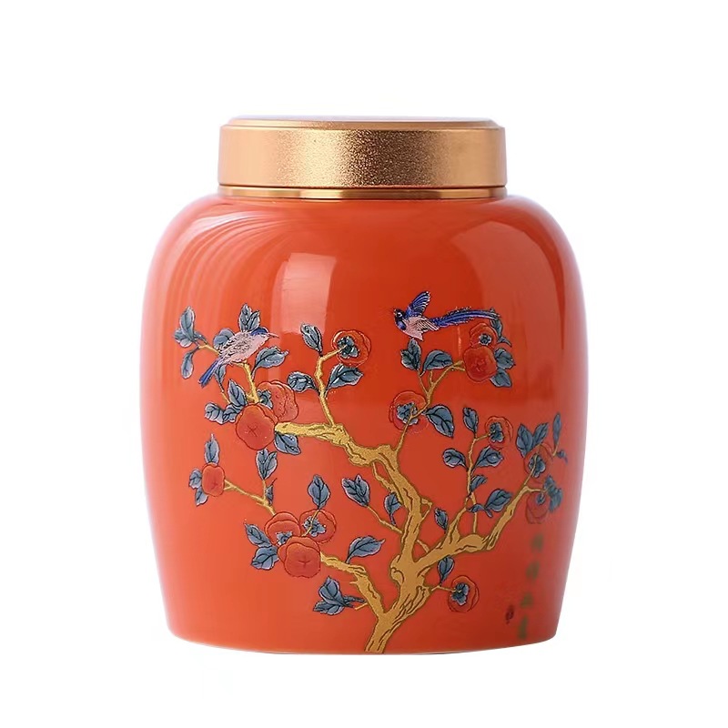 Small Metal Lid Ceramic Jar Persimmon Jar Tea Packaging Food Dendrobium Tea Cream Health Care Products Cosmetics Storage