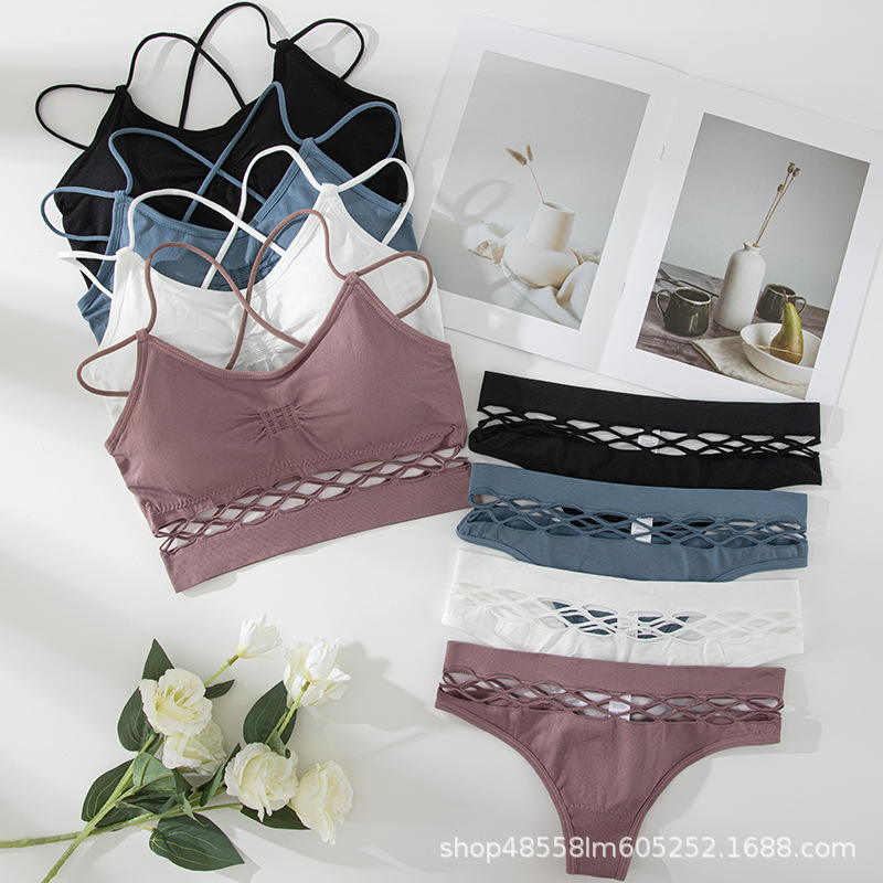 Cross-border European and American French Sexy Bra suit Hollow Underwear Women's Briefs Cross Sling Small Vest Amazon