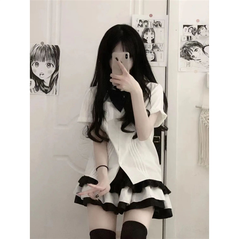 Shirt + cake skirt two-piece summer soft girl short-sleeved shirt female Japanese suit student jk uniform top