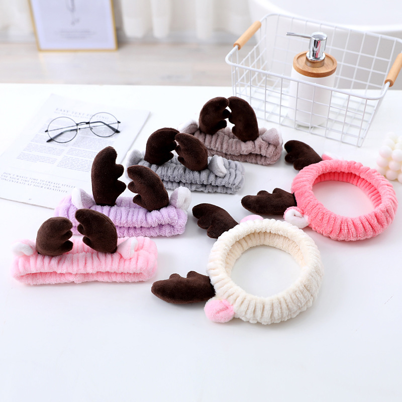 Wholesale Cute Coral Velvet Headbands for Girls to Wash Their Face, Apply Makeup and Apply Facial Masks, Small Elk Antler Headbands