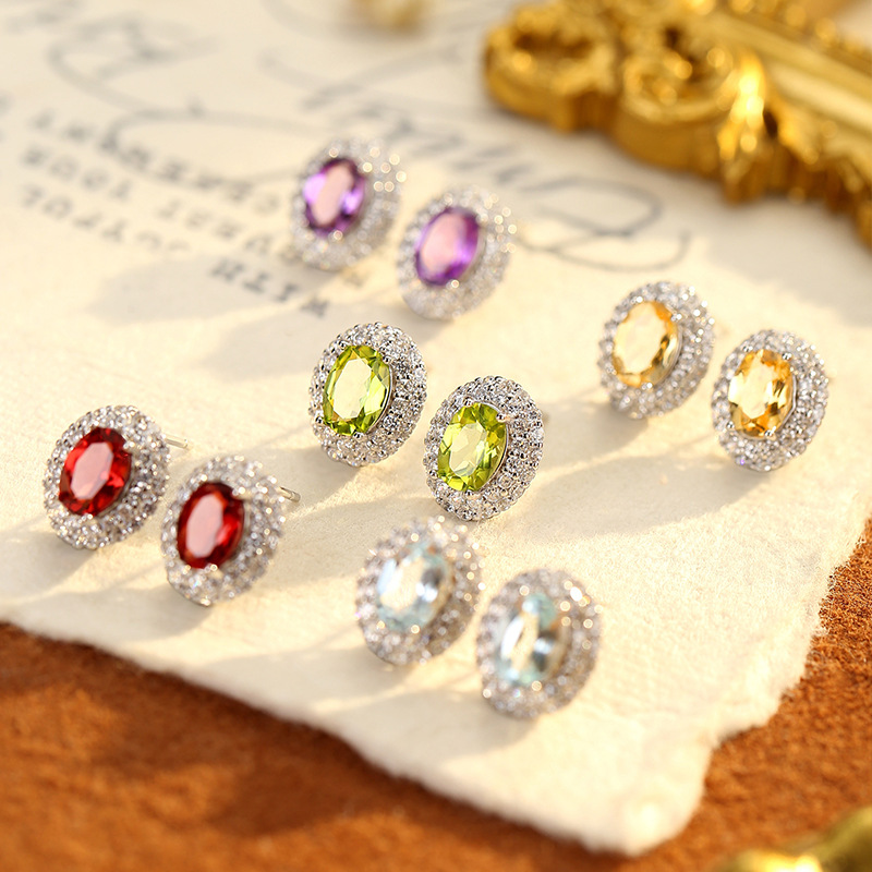 S925 Sterling Silver Earrings for Women, Natural Crystal Stone Full Diamond Earrings, Personalized Inlaid High-End European and American Style, Popular on Xiaohongshu