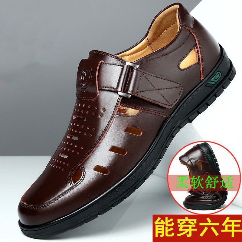 Summer Hollow Leather Sandals for Men, Daily Casual, Breathable, Business Soft-Surface Clogs, Middle-Aged and Elderly Wear-Resistant Dad Shoes