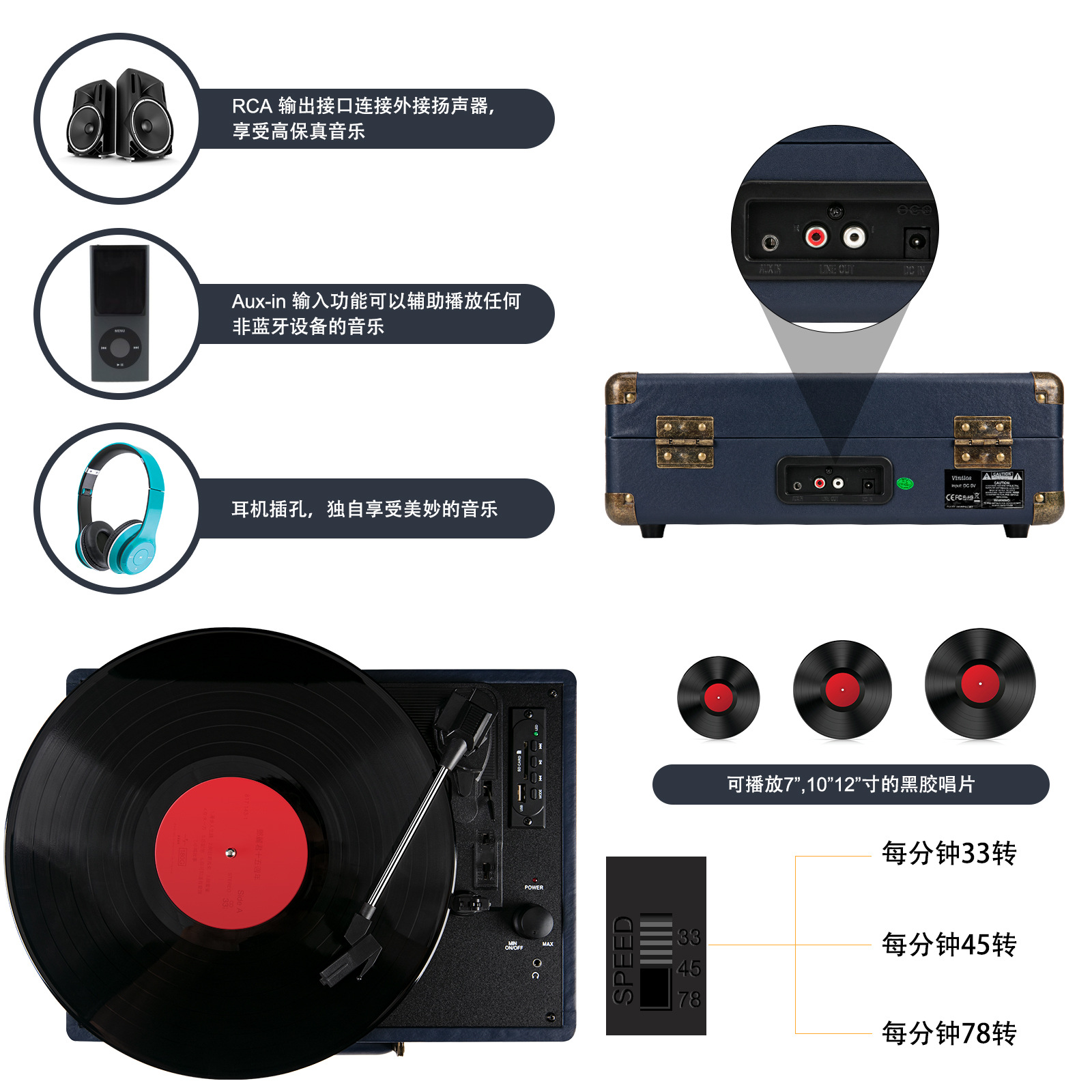 Portable portable vinyl record player with high sound quality and good quality with Bluetooth USB/SD playback