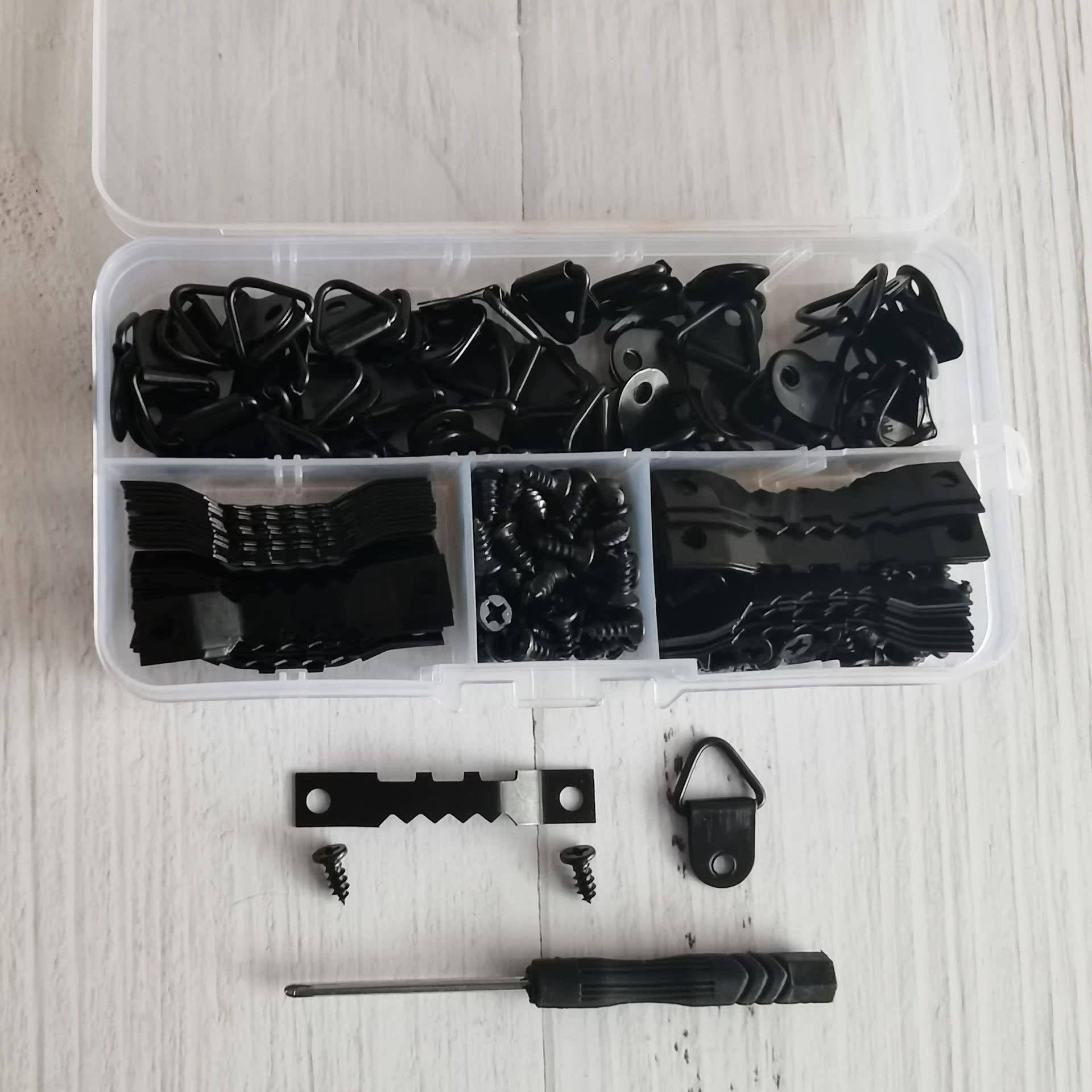 251 Black Serrated Hooks, Triangle Hanging Ring Combination Set, Photo Frame Metal Accessories, Boxed Picture Hanging Hooks