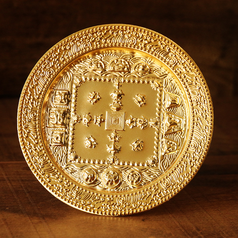 Small Alloy Mandala Tray with Eight Auspicious Symbols, Mandala Tray for Meditation, Mandala Tray with Gemstone Holder, Small Size