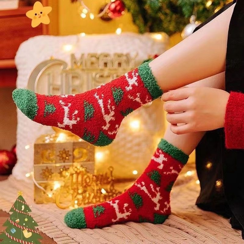 Christmas Gift Socks New Year Socks Women's Coral Velvet Thickeneded Cute Mid-Calf Socks Red Socks Floor Socks