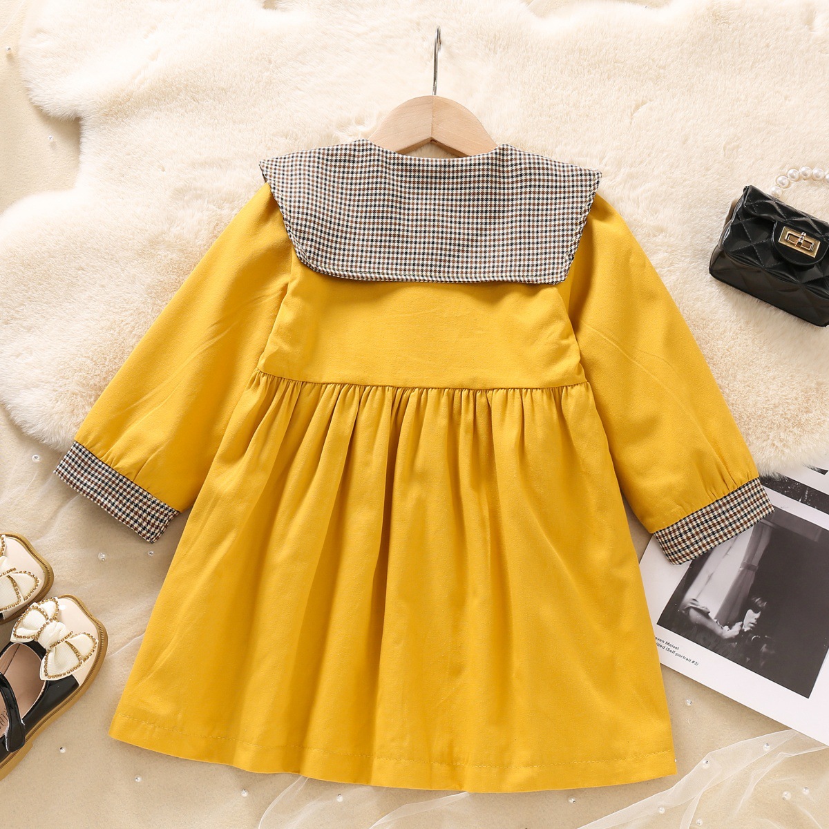 77113 Girl's Spring and Autumn Plaid Large Lapel Trench Coat Spring New Children's Girl's Spring Foreign Style Trench Coat