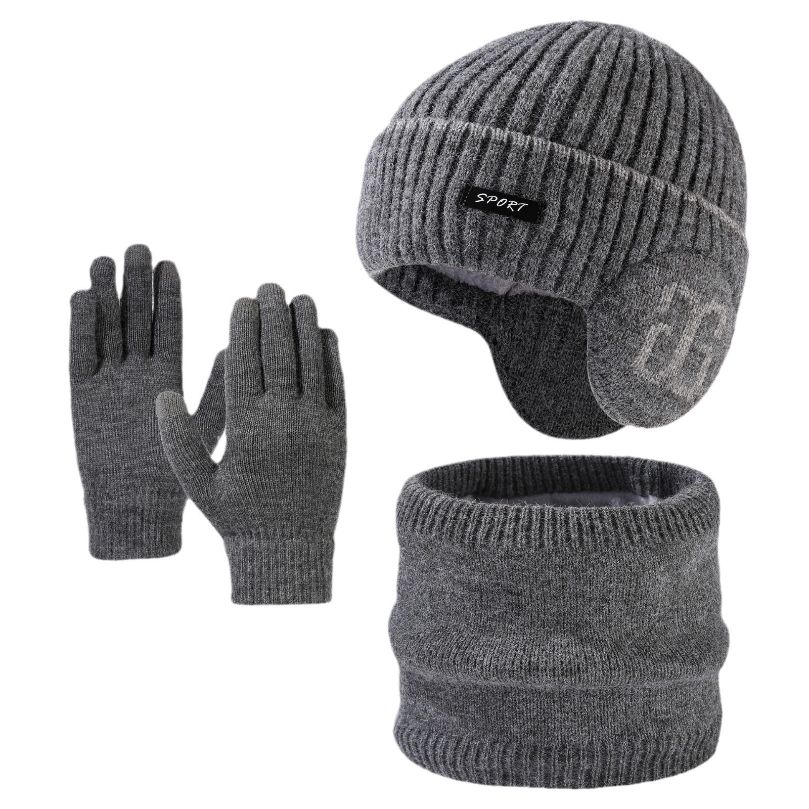 Cross-border European and American Fashion Ear Protection Knitted Wool Hat Outdoor Riding Warm Hat Scarf Gloves Three-piece Set for Men