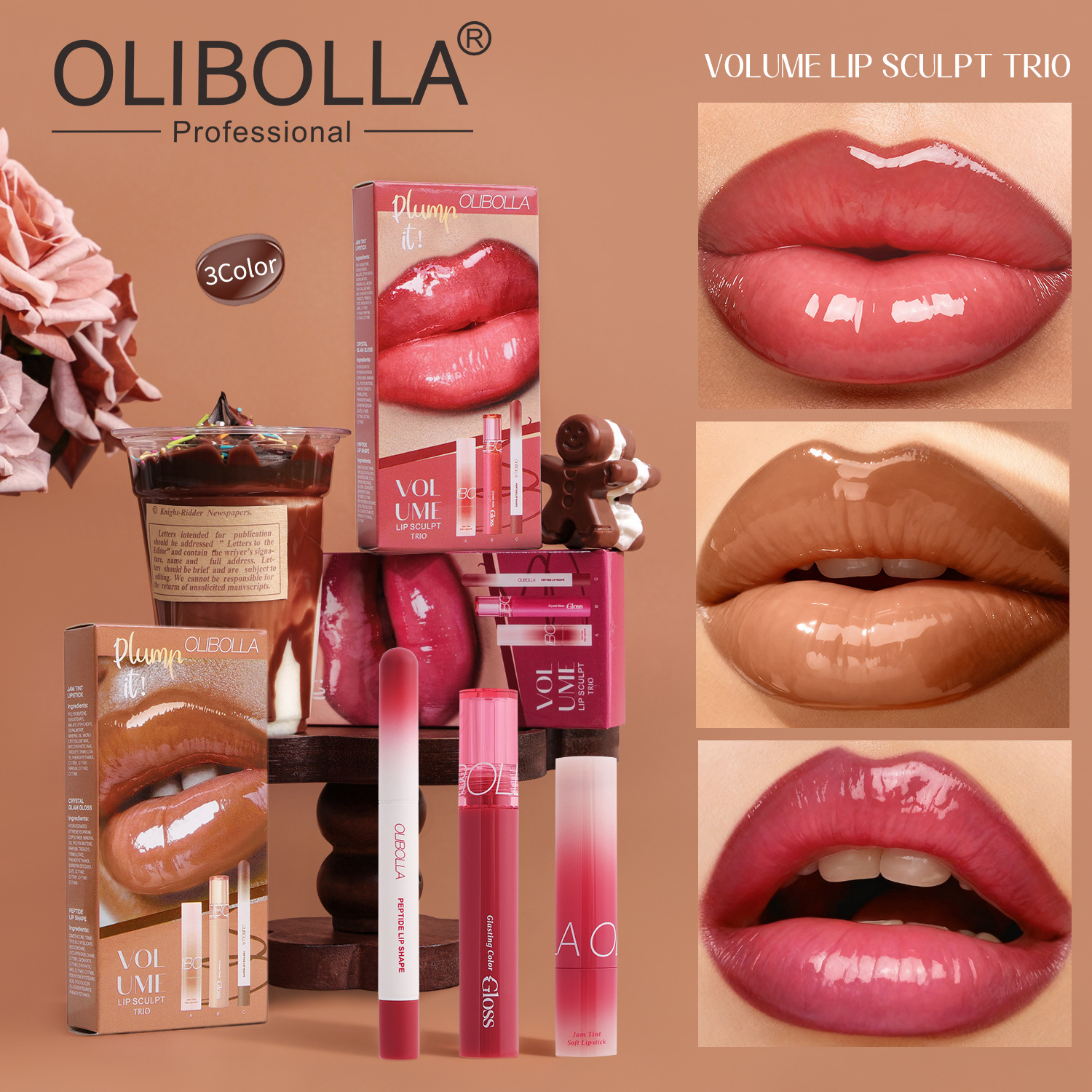 Olibolla кросс-бордовый эксклюзивный набор макияжа из трех цветов матовая подводка для губ + водный глянец для губ помада легкое нанесение