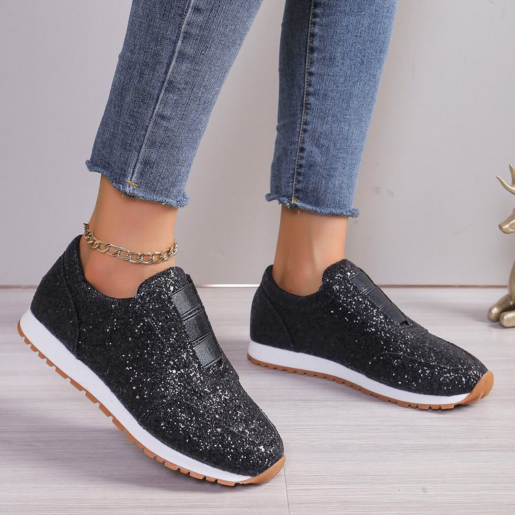 European and American Foreign Trade plus size 2025 New Sequin Cloth Shoes Sports Leisure Women's Shoes Shallow Mouth Flat Round Head Cross-border Hair