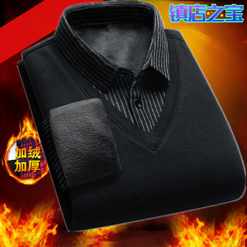 Autumn and Winter Men's Velvet Thickeneded Middle-Aged Sweater Daddy's Long-Sleeved Shirt Collar Fake Two-Piece Shirt Thermal Intimates