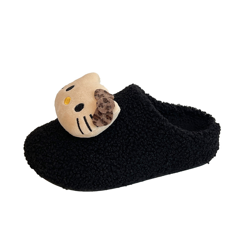 Cute Kt Cat Toe-Toe Furry Slippers for Women to Wear Outside in Autumn and Winter New Flats-Soled Home Warm Fleece-Lined Birkenstock Cotton Slippers