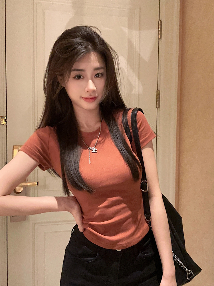 Cross-border bottoming slim-fit short-sleeved T-shirt for women Korean style new foreign trade ins slimming short fashion top for women Fashion Wholesale