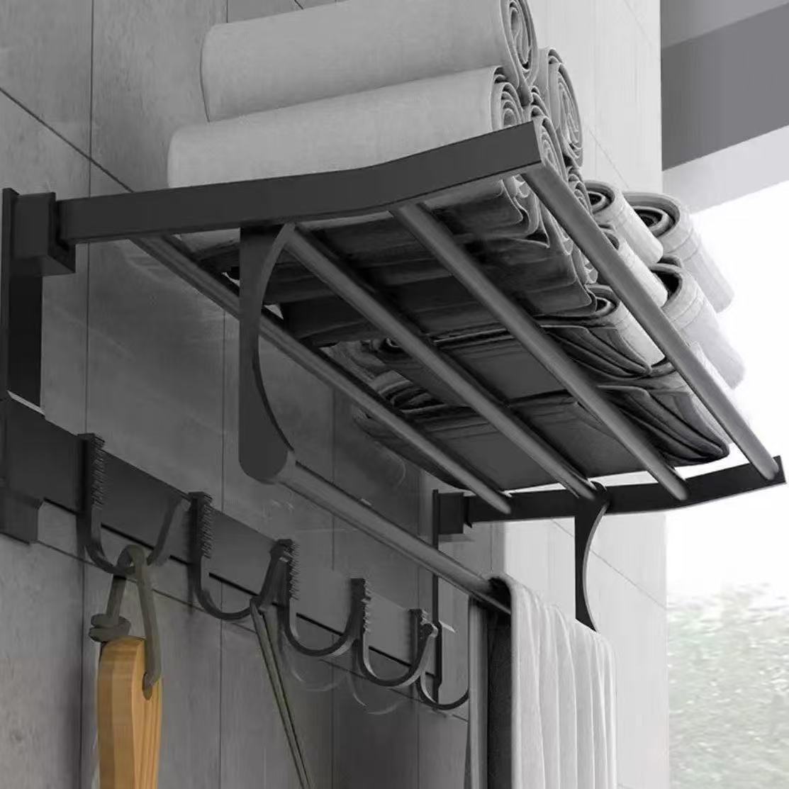 Cross-border Black silver Punch-free Space Aluminum Towel Rack Bathroom Double-layer Storage Rack Bathroom Bath Towel Rack