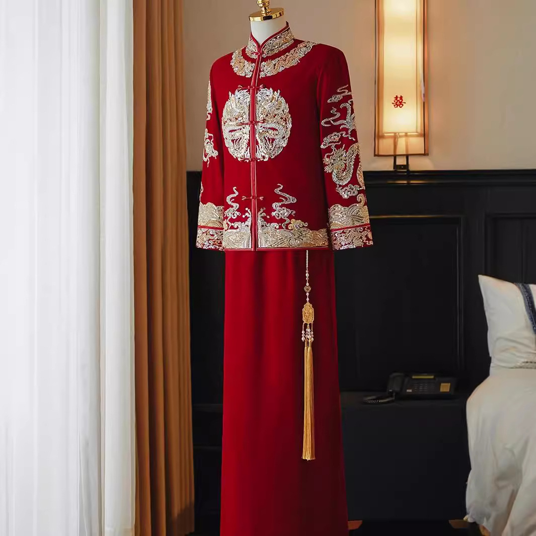 Men's Xiuhe Dress 2024 New Chinese Groom Dress Velvet Wedding Dress Dragon and Phoenix Jacket Men's Dress Show Kimono plus size