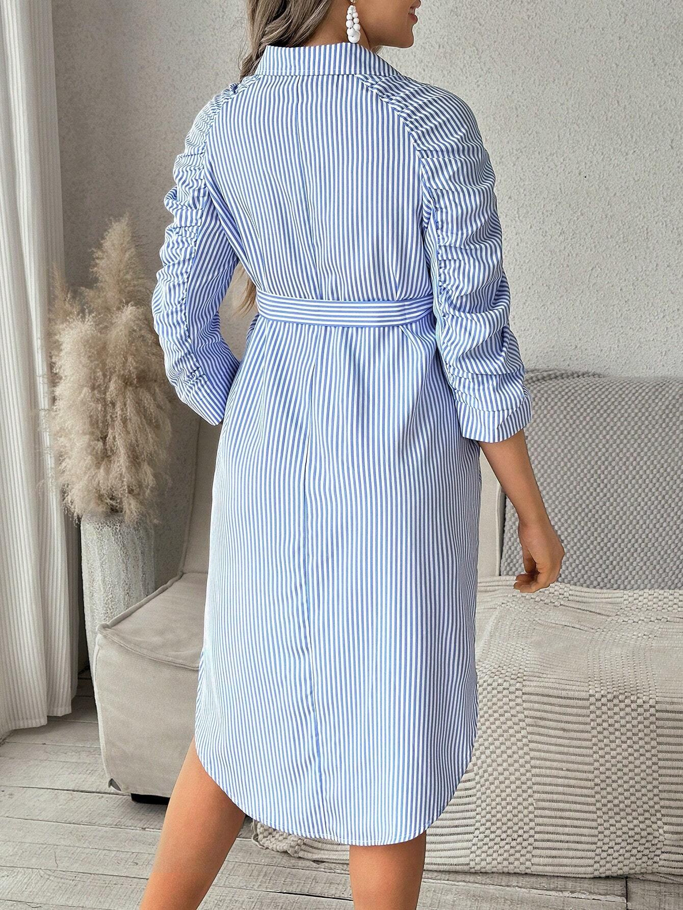 European and American Export Women's Clothing Stripesd Lapel Button Casual Maternity Dress Pleated Three-Quarter Sleeve Shirt Maternity Skirt