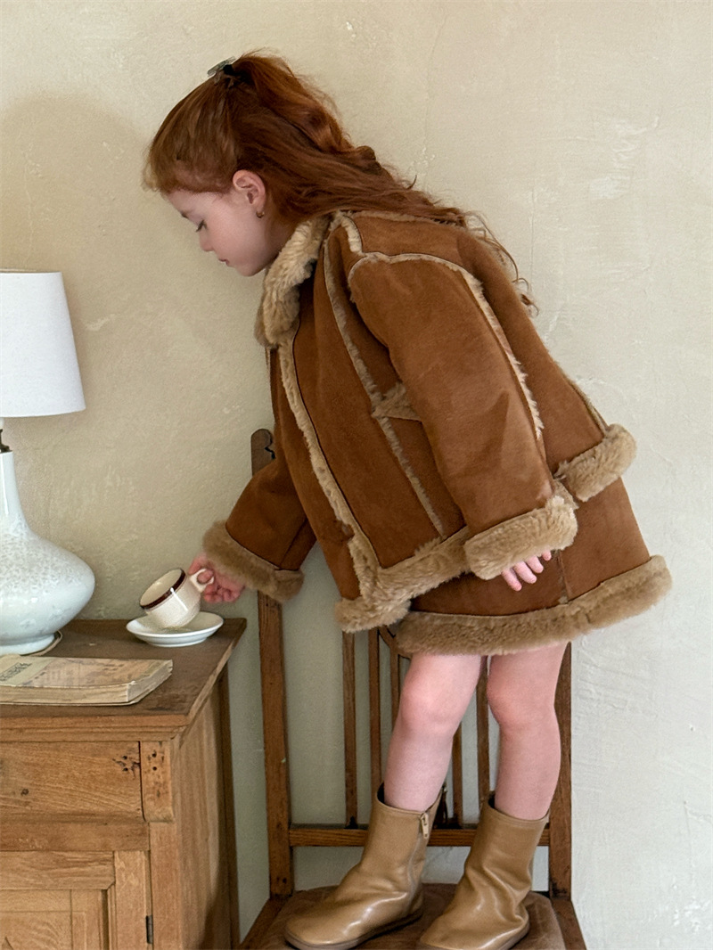 Chengle 25 Winter Girls' Suede Faux Fur Jacket Girls' Motorcycle Jacket Jacket Skirt Suit