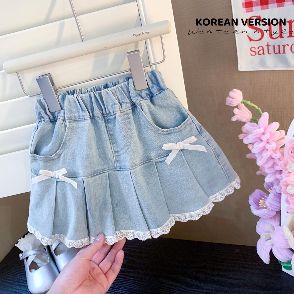 Girls' Summer Denim Short Skirt for Baby Girls Korean Style New Style Cute Bow Lace Pleated Skirt Trendy