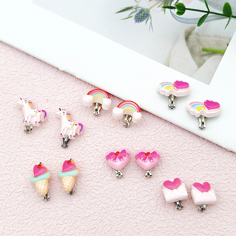 [Can] Cross-Border New Kidsren's Pierced Ear Clips Valentine's Day Heart Earrings Cute Unicorn Ear Clips