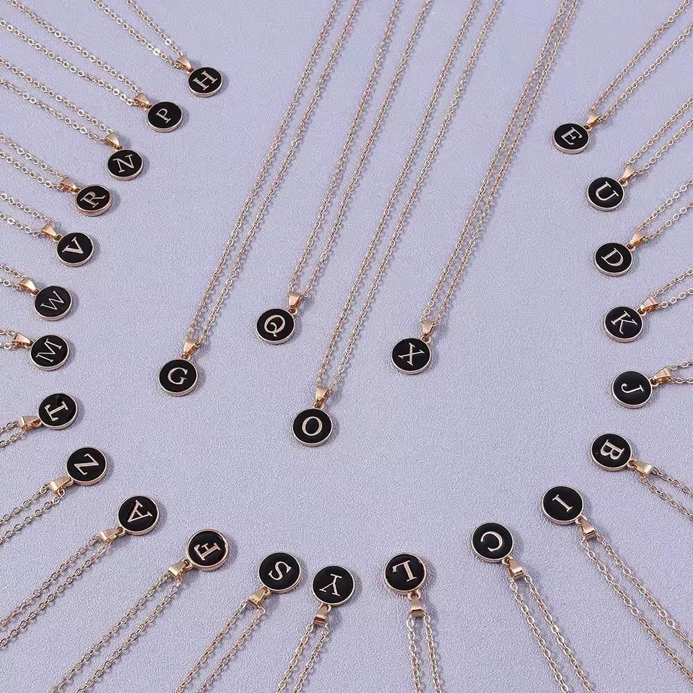 Shopee Aliexpress Hot Selling Letter Alloy Oil Drop Round Pendant Necklace Women's Niche High-End Light Luxury Necklace