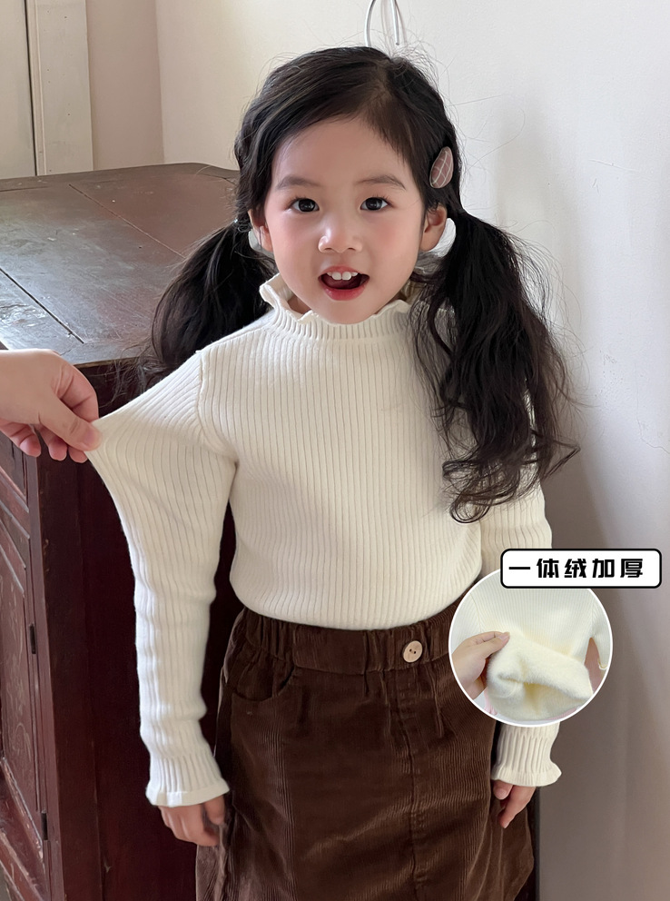 New Autumn and Winter Children's One-Piece Fleece Sweater, Warm Fleece-Lined Knitwear, Korean-Style Lace Collar Base Shirt, Children's Clothing for Babies