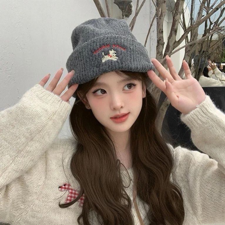 2025 New Kidsren's 2-Piece Suit Cute Embroidered Puppy Knitted Woolen Hat Versatile Scarf for Boys and Girls to Keep Warm