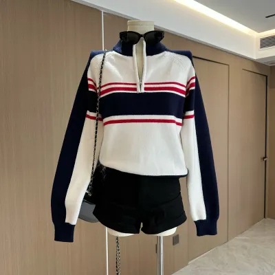 Готовые запасы ленивого стиля трикотажных изделий для женщин осень и зима 2024 ретро полосатые трикотажные изделия высококачественный топ с длинным рукавом