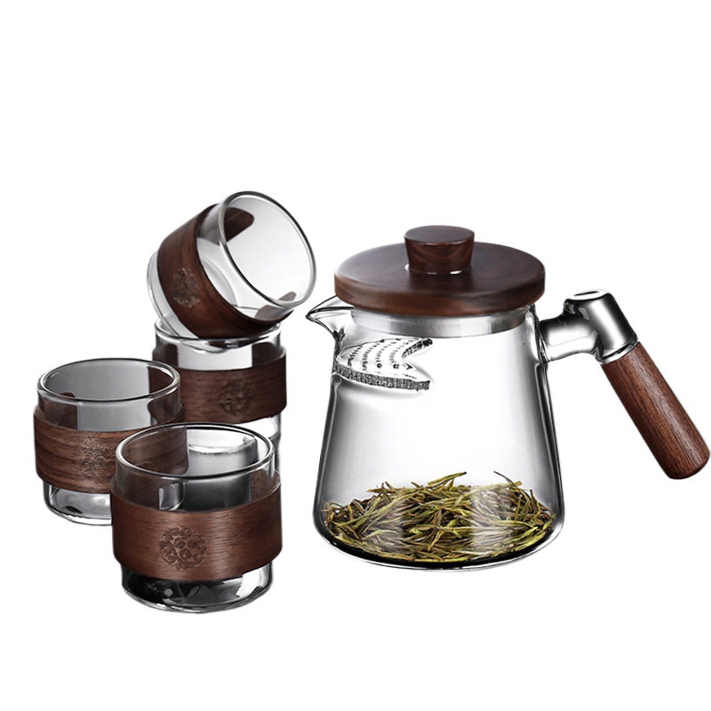 Thickened Crescent-Shaped Glass Teapot with Integrated Tea Strainer, Green Tea Infuser, Tea Cups, Fair Cup, Tea Set, Silk Flower